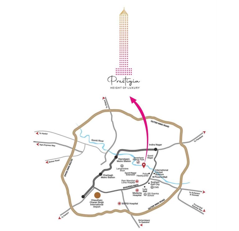 Prestigia location connectivity map showing key Lucknow destinations